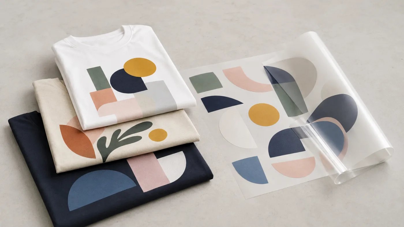 Camisetas dobladas con estampado a todo color junto a una lámina de DTF