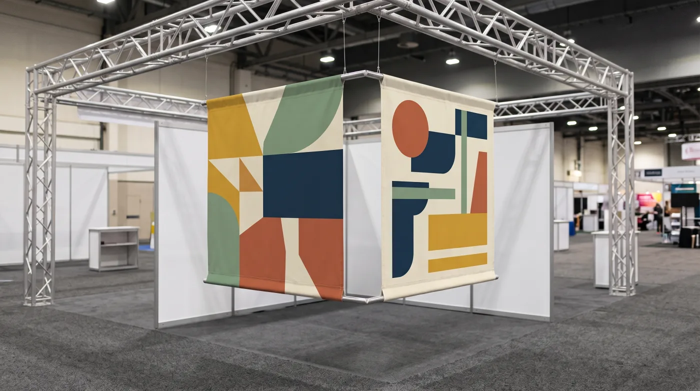 Lona blockout aplicado: colgantes de feria y stands